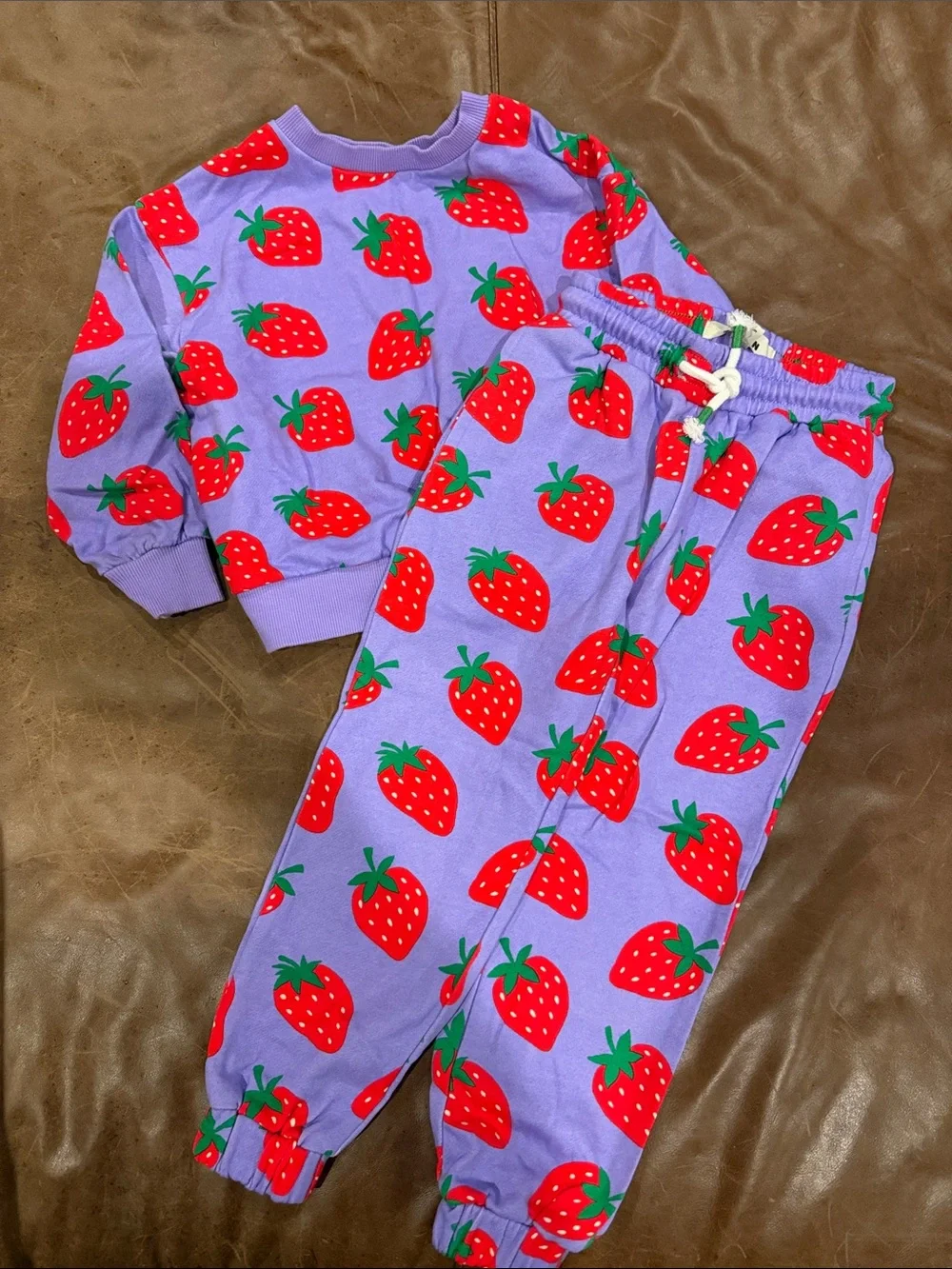 Mini Boden Strawberry Print Purple Sweatsuit Set